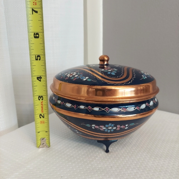 Vintage Copper Container W Lid Enamel Metal Round Floral Turkey - Picture 5 of 10
